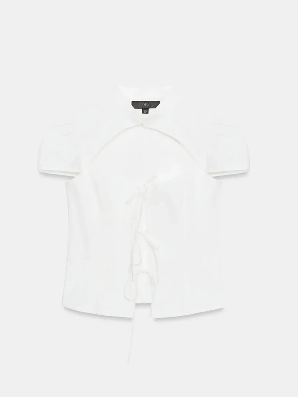 ZARA White Short Puff-Sleeve Tie-Front Blouse